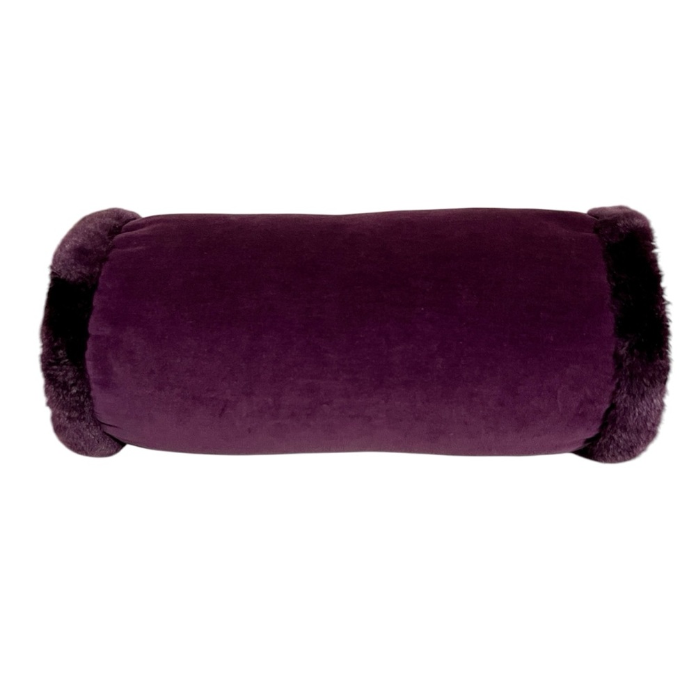 Luxurious Eggplant Faux Velvet and Fur Round Bolster Decorative Pillow
